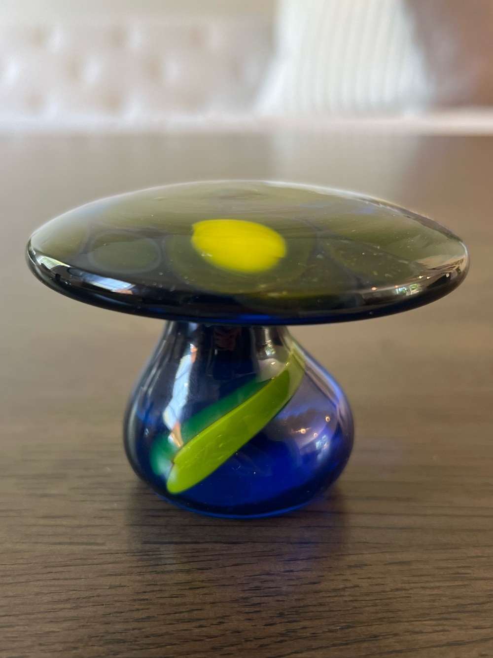 Vintage Blenko Art Glass Mushroom Paperweight Blue Yellow UV Glow MCM